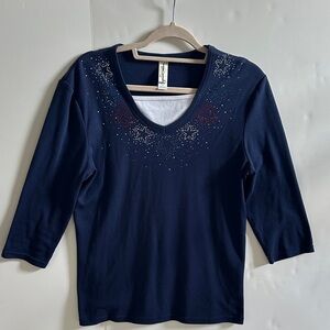 Navy Blue Star Embellished Women's Short Sleeve Top